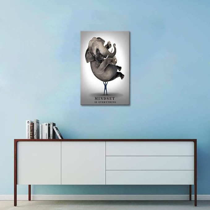 Office Wall Art Motivational Posters Businessman Lifting An Elephant Canvas Painting Pictures Mindset is Everything Print Poster Artwork Wooden Framed Home Decor for Living Room Bedroom-12 Wx16 H