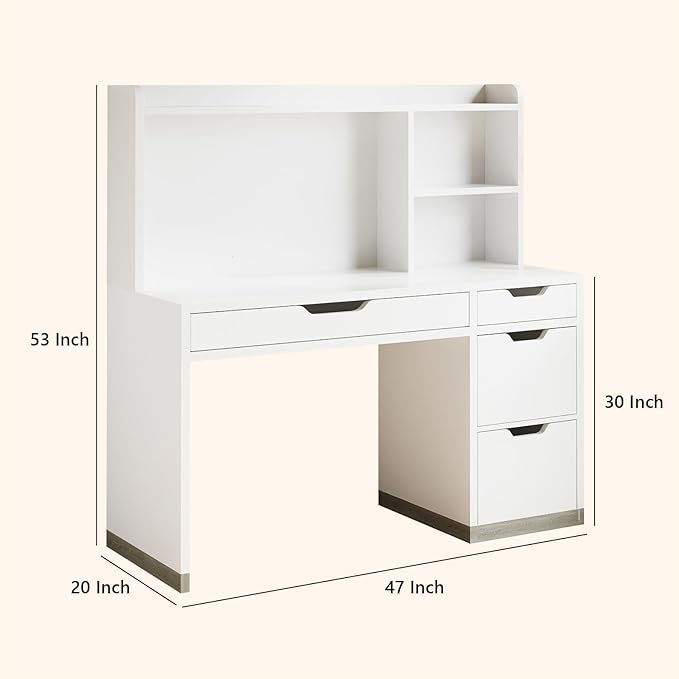 White Desk with Hutch, 53 Inch Computer Desk with Storage File Drawer, White Study Desk with 4 Drawers for Bedroom, Small Space