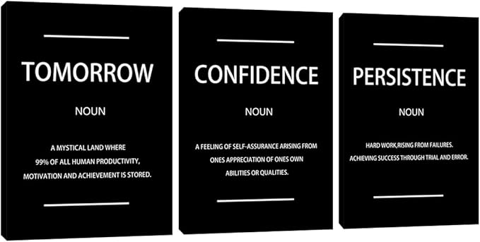 Motivational Black Wall Art Persistence Confidence Tomorrow Noun Inspirational Painting Wall Art 3 Pieces Canvas Print Office Decor Poster Framed Quotes Wall Art Office Decoration - 36" W x 16" H