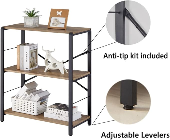 FOLUBAN Small Bookshelf, 3 Tier Open Book Shelf, Rustic Wood and Metal Shelving Unit for Small Space, Oak