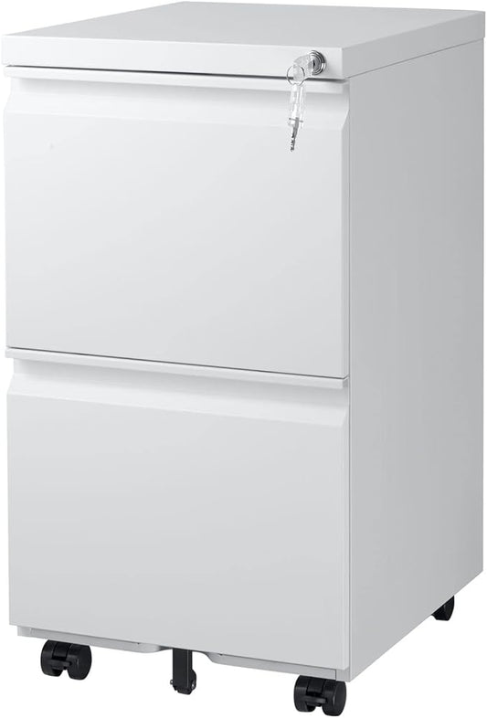 2 Drawer Mobile File Cabinet with Lock and Wheel, Anti-tilt Design Metal Vertical Filing Cabinet, Rolling Desk Filing Cabinet fits Letter/Legal Size for Home Office (White)