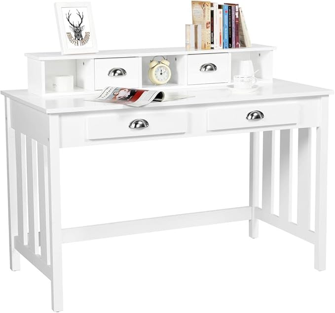 Topeakmart Computer Desk with 4 Drawers and Removable Floating Organizer, Home Office Desk Writing Studying Desk with Large Tabletop, Modern Workstation Gaming Table Secretary Desk for Office, White