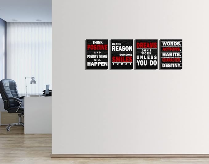 Motivational Wall Decor Art Red Black Gym Office Wall Art Inspirational Poster Quote Framed Positive Canvas Wall Art for Office Bedroom Dorm Wall Decor Sign Boys Girls Room 12"x16", 4pieces