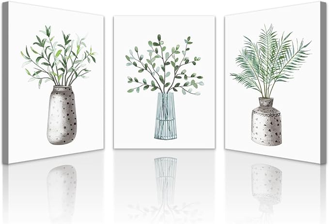 Lapremoly Family Canvas Wall Art For Kitchen Dining Room Wall Decor For Living Room Decoration For Office Vase Pictures Artwork Green Leaf Wall Paintings For Bedroom Home Walls Decor 3 Piece