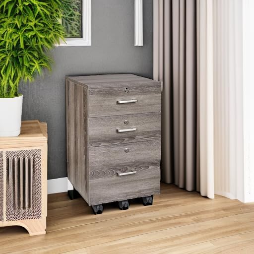 Bonnlo 26"H 3 Drawer File Cabinet With Lock, Rolling Under Desk, Mobile for Home Office, Wood Printer Stand for Letter Size Filings, Assembly Required, Gray Oak