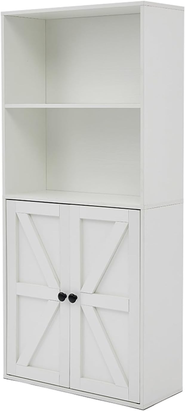 Bookshelves and Bookcases with Barn Doors, Farmhouse Bookshelf with Display Shelves, Floor Standing 4-Tier Book Shelf with Storage Cabinet for Home Office, Living Room, Bedroom, White