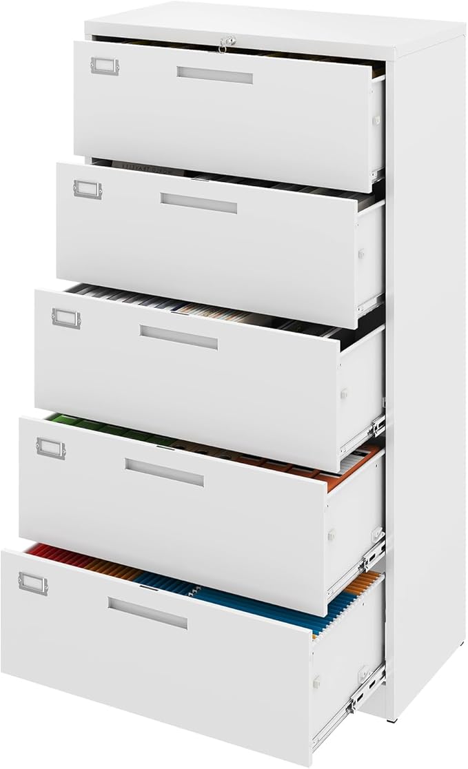 5 Drawer File Cabinet, White Metal Lateral File Cabinet with Lock, Office Filing Cabinet for Legal/Letter/A4/F4 Size with Hanging Files, Lockable File Cabinets for Home Office