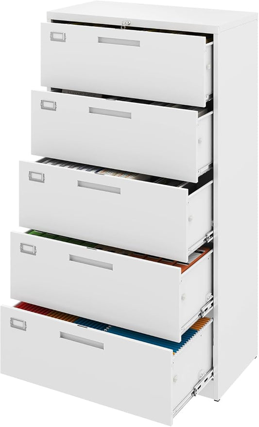 5 Drawer File Cabinet, White Metal Lateral File Cabinet with Lock, Office Filing Cabinet for Legal/Letter/A4/F4 Size with Hanging Files, Lockable File Cabinets for Home Office