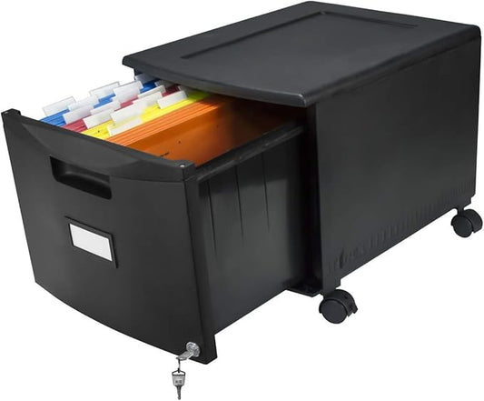 Storex Plastic One-Drawer File Cabinet – Locking Document Organizer with Casters for Home and Office, Black, 1-Pack (61264A01C)