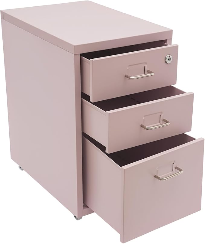 Pink File Cabinet, 3 Drawer File Cabinet with Lock, Metal Mobile Vertical Pink Desk Organizer, Rolling Cabinet with Lock and Wheels Under Desk for Home Office