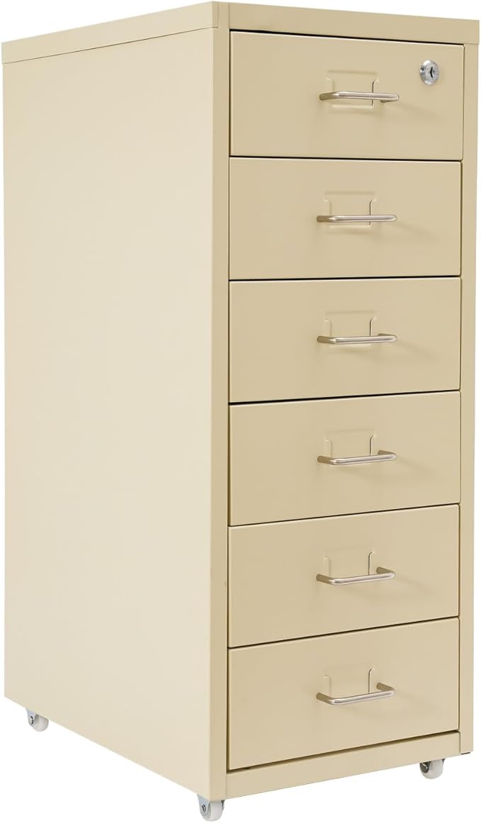 Vertical File Cabinets | 6 Drawer File Cabinet with Lock | Steel Lockable Storage Cabinets | Metal S-torage Cabinet for Home Office | storage A4/F4/Letter/Legal | With 4 Wheels | 2X Keys (Beige)