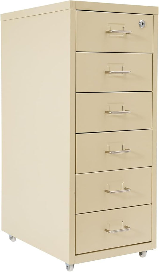 Vertical File Cabinets | 6 Drawer File Cabinet with Lock | Steel Lockable Storage Cabinets | Metal S-torage Cabinet for Home Office | storage A4/F4/Letter/Legal | With 4 Wheels | 2X Keys (Beige)
