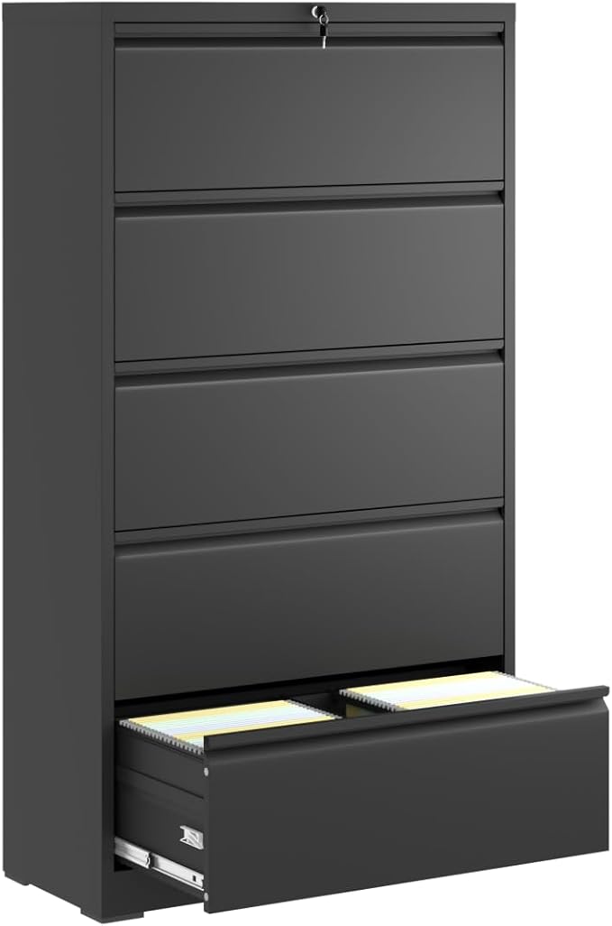 5 Drawer Lateral File Cabinet with Lock for Home Office Metal Filing Cabinet with Adjustable Hanging Rails Horizontal Filing Organization Storage Cabinet for Letter/Legal/A4/F4 Size Balck