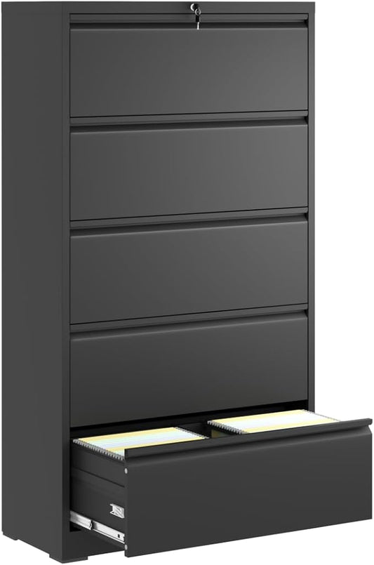 5 Drawer Lateral File Cabinet with Lock for Home Office Metal Filing Cabinet with Adjustable Hanging Rails Horizontal Filing Organization Storage Cabinet for Letter/Legal/A4/F4 Size Balck