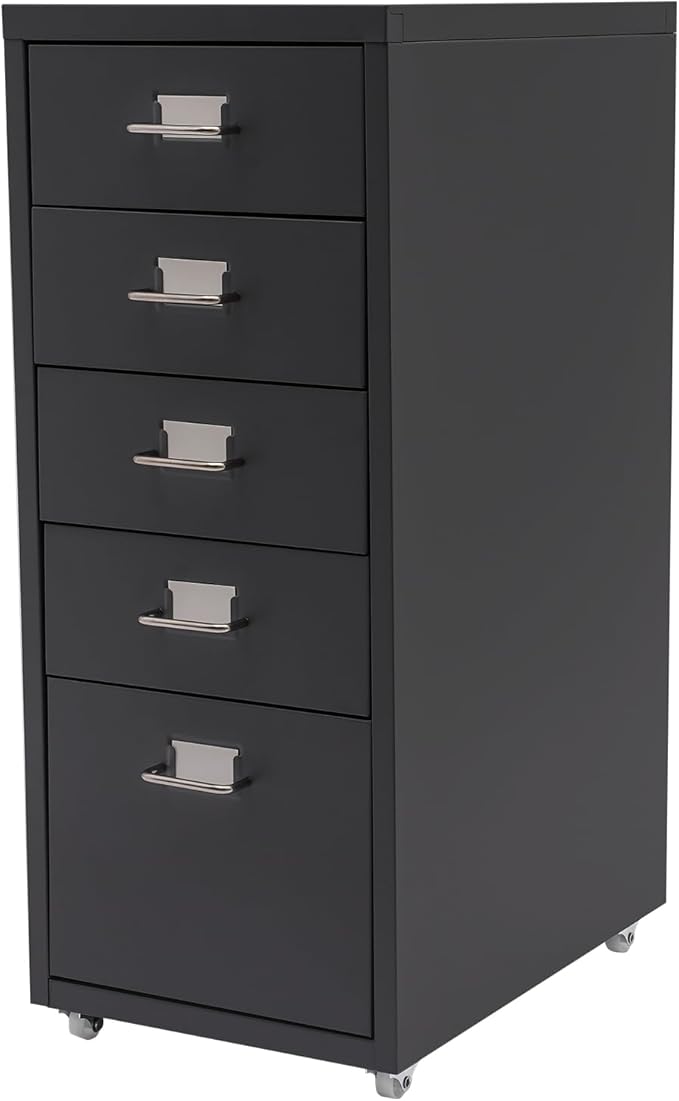 Metal File Storage Cabinet, 5 Drawer Vertical Filing Cabinets with Wheels Under Desk Storage Drawers, 11 * 16.1 * 27.1in Mobile File Cabinets Under Desk Cabinet for Bedroom, Office (Black)