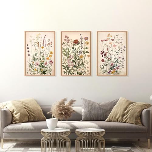 Vintage Wildflower Watercolor Framed Canvas Wall Art Set, Retro Flower Botanical Wall Decor, Colorful Floral Wall Painting, Flower Illustration Art Prints for Living Room, Bedroom 24"x36"x3