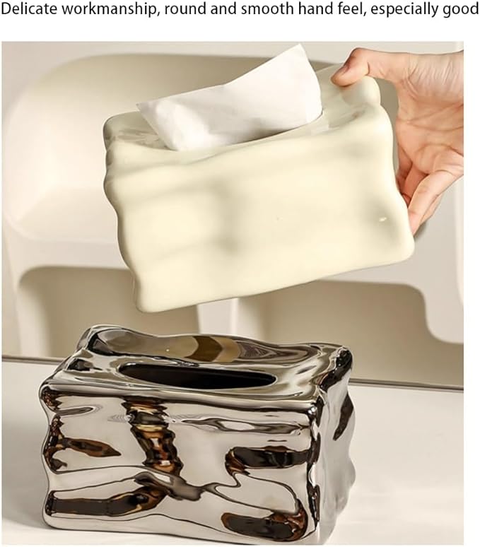 Stylish Tissue Box Ceramics Square Tissue Box Reusable Tissue Box and Tissue Holder Napkin Dispenser for Home Office Restaurant Desks Gifts Modern Tissue Box (Color : Silver) (White)
