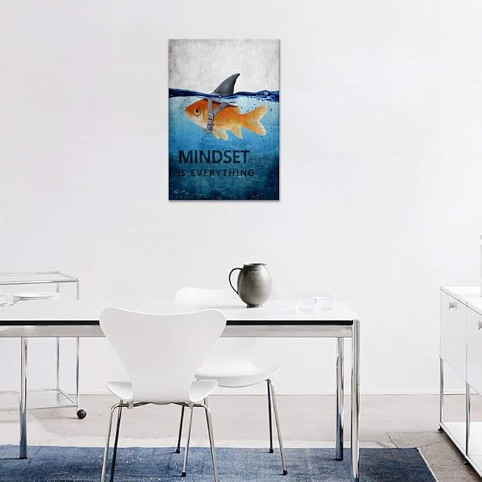 Inspirational Wall Art Posters Mindset is Everything Canvas Painting Goldfish Shark Pictures Print Poster Artwork Wooden Home Decor for Living Room Bedroom Office Framed Ready to Hang (24"Wx36"H)