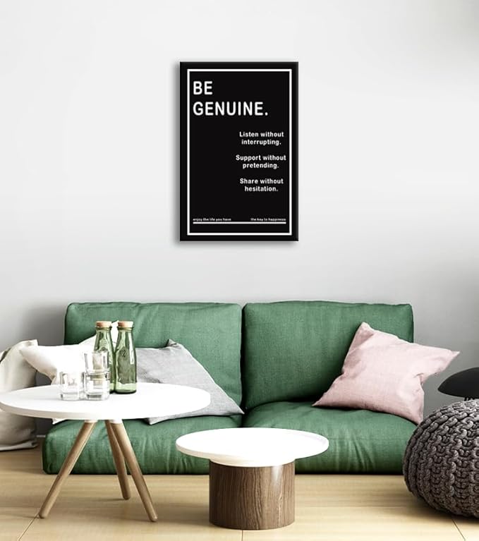 Motivational Canvas Wall Art Print Be Genuine Posters Office Wall Decor Inspiring Artwork Framed Prints Inspirational Quotes for Wall Art Decor Living Room Framed Ready to Hang [12''W x 18''H]