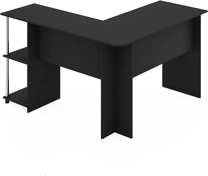 Furinno Abbott L-Shape Computer Desk with Stainless Steel Tubes Bookshelf, Americano/Chrome
