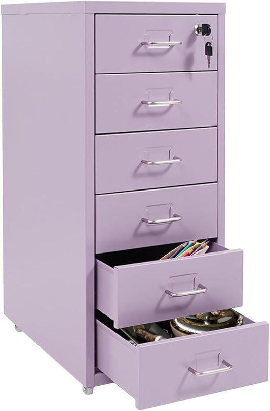 Vertical File Cabinets, 6 Tier Metal File Cabinet with Lock, Multi Drawer Cabinet for Home Office, Assembly Required (Purple)