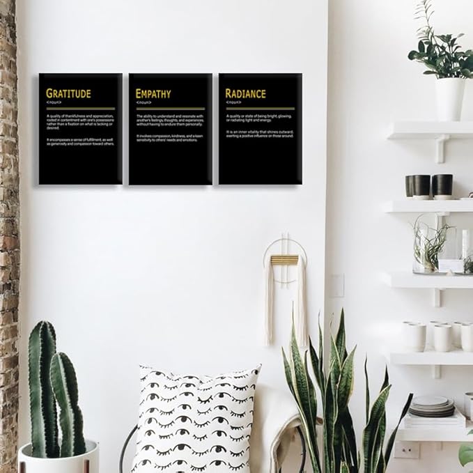WYJDFART Motivational Wall Art A Positive Emotional Chain GRATITUDE EMPATHY RADIANCE Noun 3 Pieces Inspirational Quotes Posers for Office Home Bedroom Workplace Framed Ready to Hang [36''Wx 16''H]