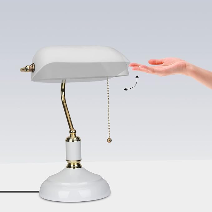 White Glass Bankers Desk Lamp, Vintage Reading Table Lamp, Classic Bedside Light with Brass Pull Chain Switch for Bedroom Home Office
