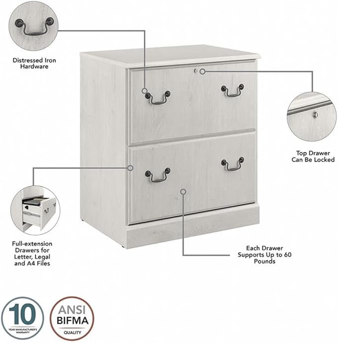 Bush Furniture Saratoga 2 Drawer Lateral File Cabinet in Linen White Oak