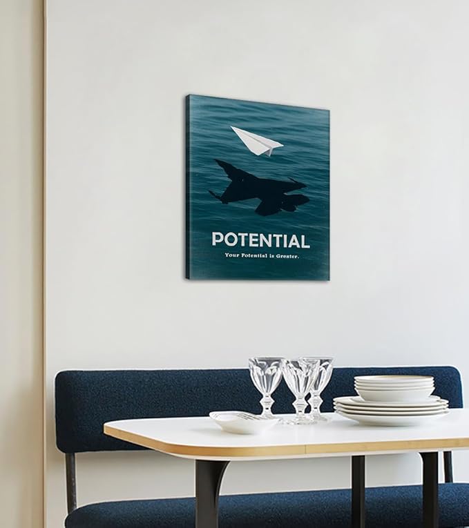 Motivational Quote Wall Art - Your Potential is Greater Inspirational Canvas Artwork Featuring White Paper Airplane in Deep Blue Ocean for Home or Office Wall Decoration Framed 18"x24"