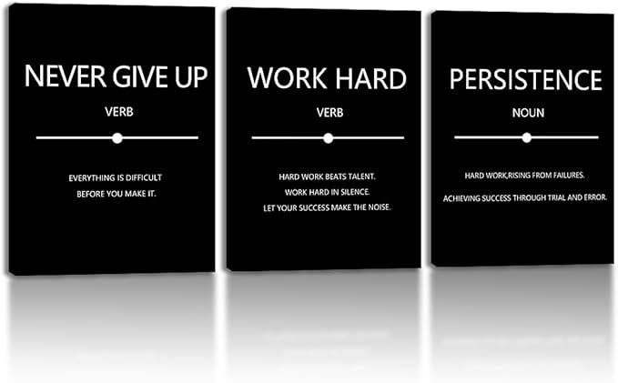 Unbruvo Inspirational Canvas Wall Art, Motivational Office Wall Decor, 3 Pieces Black Never Give Up Positive Quotes Wall Art for Workplace Living Room Bedroom(60''Wx 28''H)
