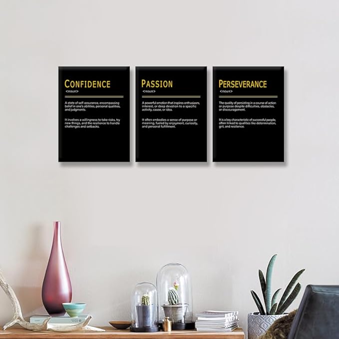 Inspirational Wall Decor PASSION CONFIDENCE PERSEVERANCE Noun Overcome the Challenge Motivational Posters Printed Canvas Poster for Office Home Bedroom Workplace Framed Ready to Hang [36''Wx 16''H]