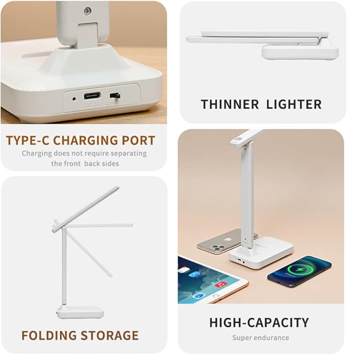 Rechargeable Desk Lamp, Small Desk Light with 3 Color Temperatures & Stepless Dimming, Battery Powered Table Lamp for Home Office, Eye-Caring Study Lamp with USB-C Charging Port (FOLD-688A)
