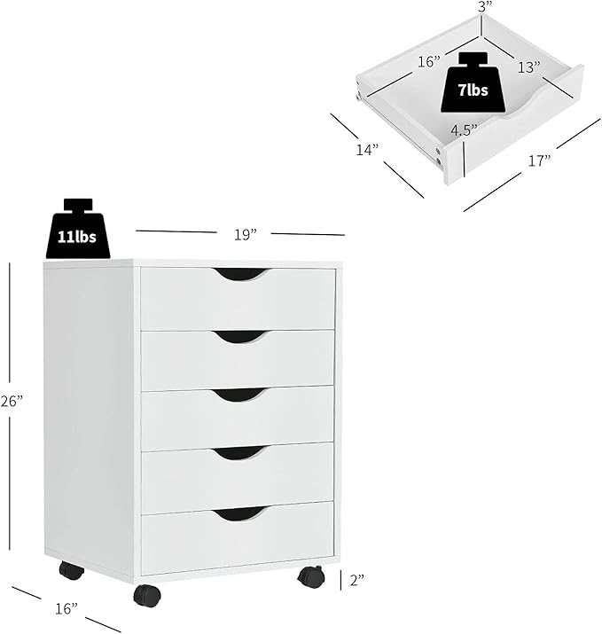Giantex 5-Drawer Vertical File Cabinet, Mobile Office Storage Cabinet with Drawers, Large Capacity, 2 Lockable Casters and Universal Wheels, Under Desk Side Printer Stand Rolling File Cabinet (White)