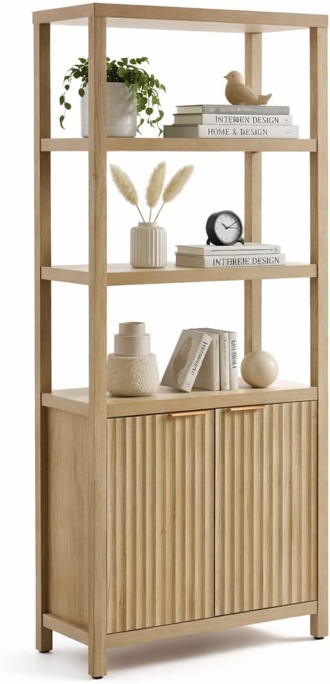 71" Tall Fluted Bookshelf with Cabinet, 5-Tier Large Bookcase with Adjustable Shelves and Doors, Storage Book Shelf for Living Room, Bedroom, Office (Golded Oak, 1PCS)