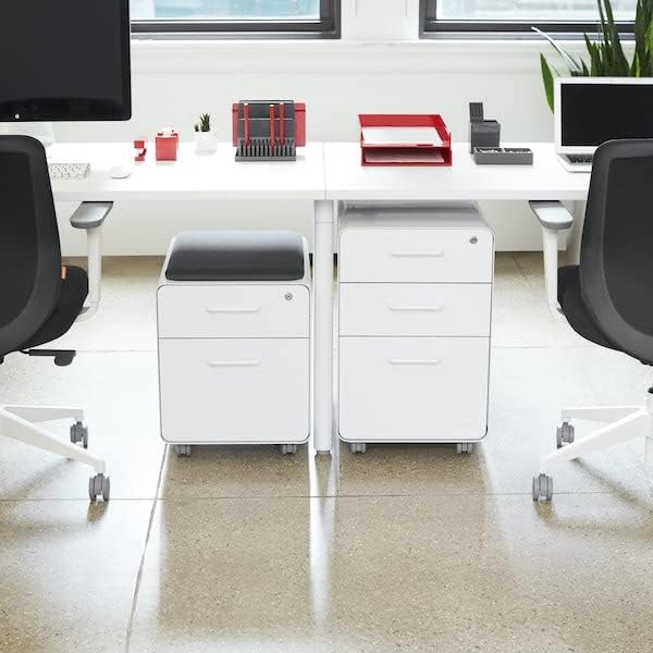 Poppin Mobile Mini Sittable Stow Rolling File Cabinet - Black with Black Seat Cushion. Two Locking Drawers and One Key Lock. Two Keys Included. One Utility Drawer and One Hanging File Drawer