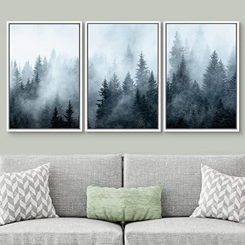 SIGNWIN Framed Canvas Print Wall Art Set Winter Fog Mist Pine Tree Mountain Forest Nature Wilderness Photography Modern Art Landscape Relax/Calm for Living Room, Bedroom, Office - 24"x36"x3 White