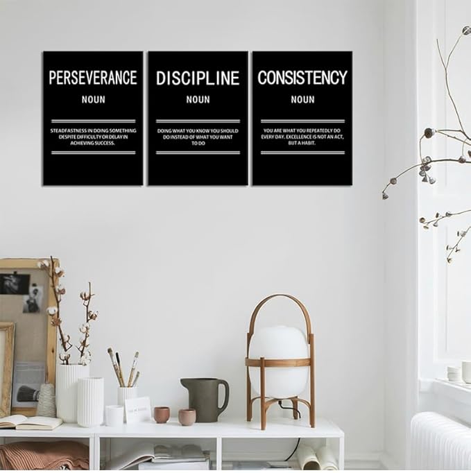 Perseverance Discipline Consistency Motivational Canvas Office 3 Panel Print Wall Art Inspirational Poster Painting Modern Inspiring Artwork for Home Living Room Decor Ready to Hang [36''Wx 16''H]