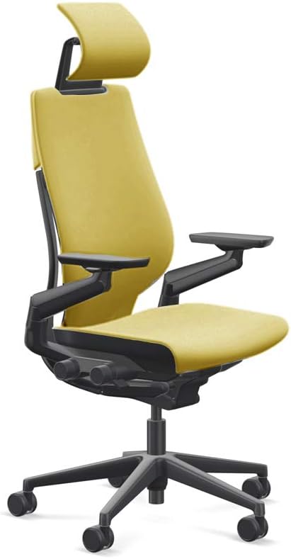 Steelcase Gesture Office Desk Chair with Headrest Cogent Connect Green Citrine 5SD5 Fabric High Black Frame Hard Floor Casters