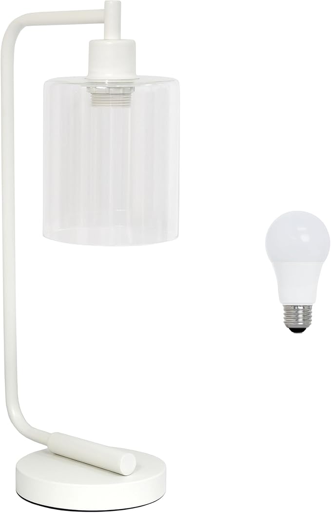 Simple Designs LD1036-WHT-LB 18.8" Industrial Bronson Antique Style Iron Lantern Desk Table Lamp with Glass Shade for Home Décor, Office, Living Room, Bedroom, White, with Feit LED Bulb Included