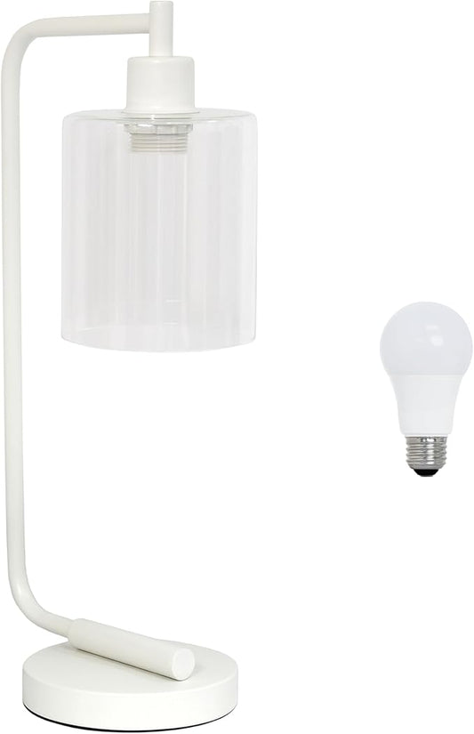 Simple Designs LD1036-WHT-LB 18.8" Industrial Bronson Antique Style Iron Lantern Desk Table Lamp with Glass Shade for Home Décor, Office, Living Room, Bedroom, White, with Feit LED Bulb Included