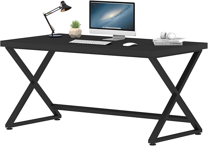 IBF Black Computer Desk, Simple Work Desk for Home Office, Industrial Writing Study Desk in Bedroom, Modern Wood Metal Pc Gaming Laptop Workstation Executive Computer Table, Black Oak, 47 Inch