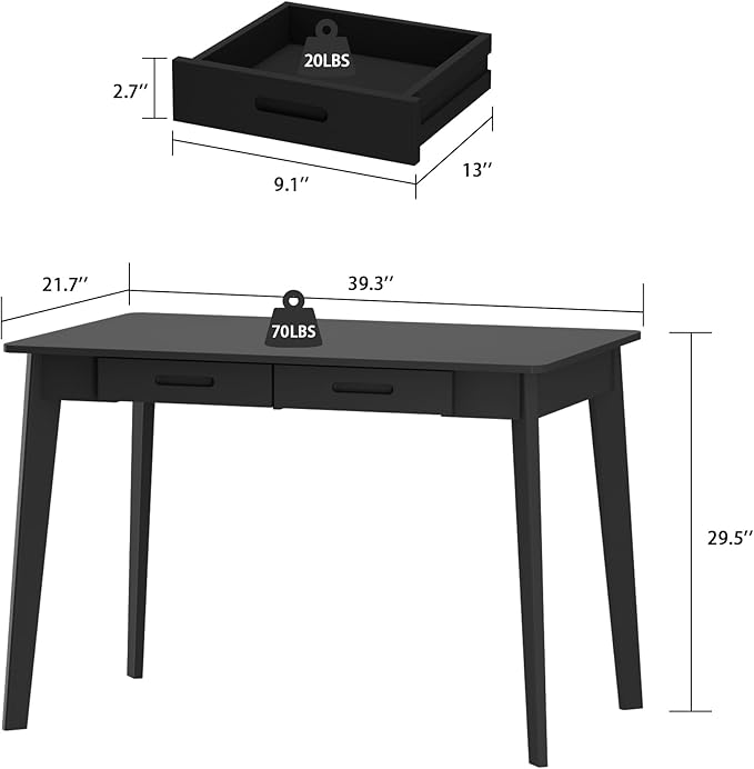 Home Office Computer Desk Coner Desk with 2 Drawers, Study Writing Table for Home Office, Study, Black (39.3 ”W x 23.6”D x 29.1”H)