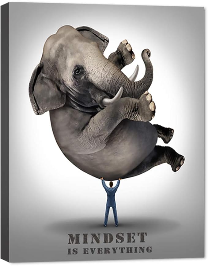 Office Wall Art Motivational Posters Businessman Lifting An Elephant Canvas Painting Pictures Mindset is Everything Print Poster Artwork Wooden Framed Home Decor for Living Room Bedroom-12 Wx16 H