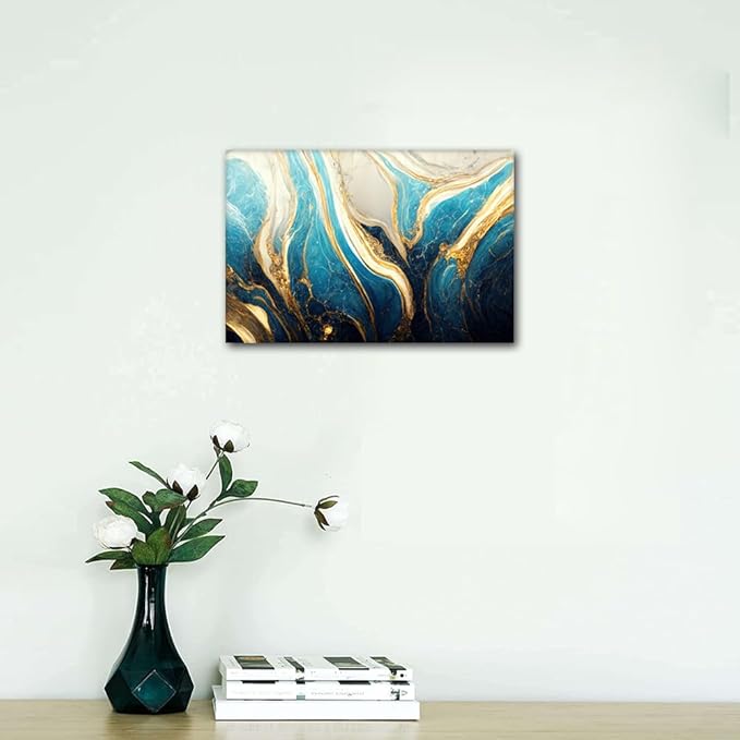 Canvas Wall Art for Men Modern Abstract Design Art Poster Turquoise Gold and White Colors Picture Printing 1 Panel House Wall Decor for Living Room Bedroom Decor Stretched Ready to Hang 24x16 in