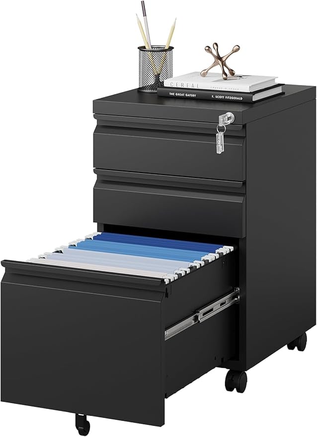 3 Drawer Mobile File Cabinet with Lock, Under Desk Metal Filing Cabinet for Legal/Letter/A4 File, Fully Assembled Except Wheels (Black)