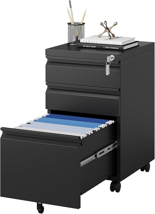 3 Drawer Mobile File Cabinet with Lock, Under Desk Metal Filing Cabinet for Legal/Letter/A4 File, Fully Assembled Except Wheels (Black)