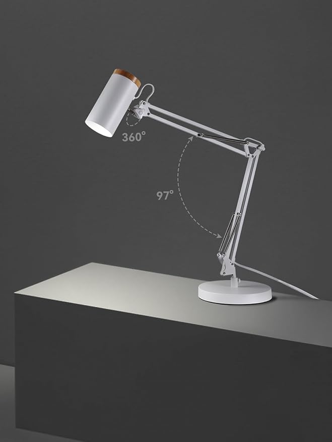 TORCHSTAR Tall Swing Arm Desk Lamp with Wooden Accent, Adjustable Large Size Max Height 31", E26 Base Metal Task Lamp, Office Desktop Lamp with On/Off Switch, for Reading, Study, Workbench, White