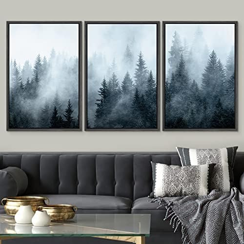 SIGNWIN Framed Canvas Print Wall Art Set Winter Fog Mist Pine Tree Mountain Forest Nature Wilderness Photography Modern Art Landscape Relax/Calm for Living Room, Bedroom, Office - 24"x36"x3 Black