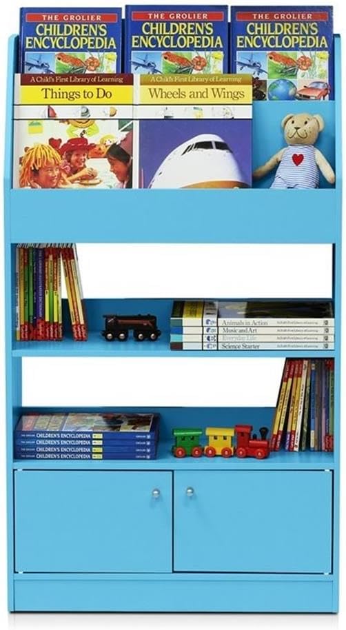 Furinno LOVA Book Shelf, Magazine Bookshelf, Bookcase with Storage Cabinet, 9.4 x 24.6 x 43.3, for Living Room, Bedroom, Home Office, Light Blue