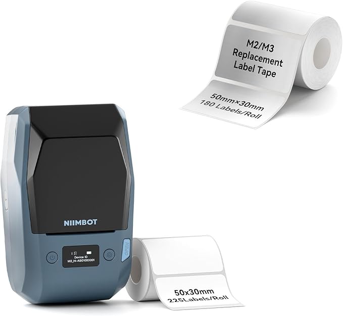 NIIMBOT M2 Thermal Transfer 2Inch Bluetooth Label Maker with 50×30mm Brushed Silver Label Tape for Office Small Business School Home Cable Storage, Compatible with Phones & PC